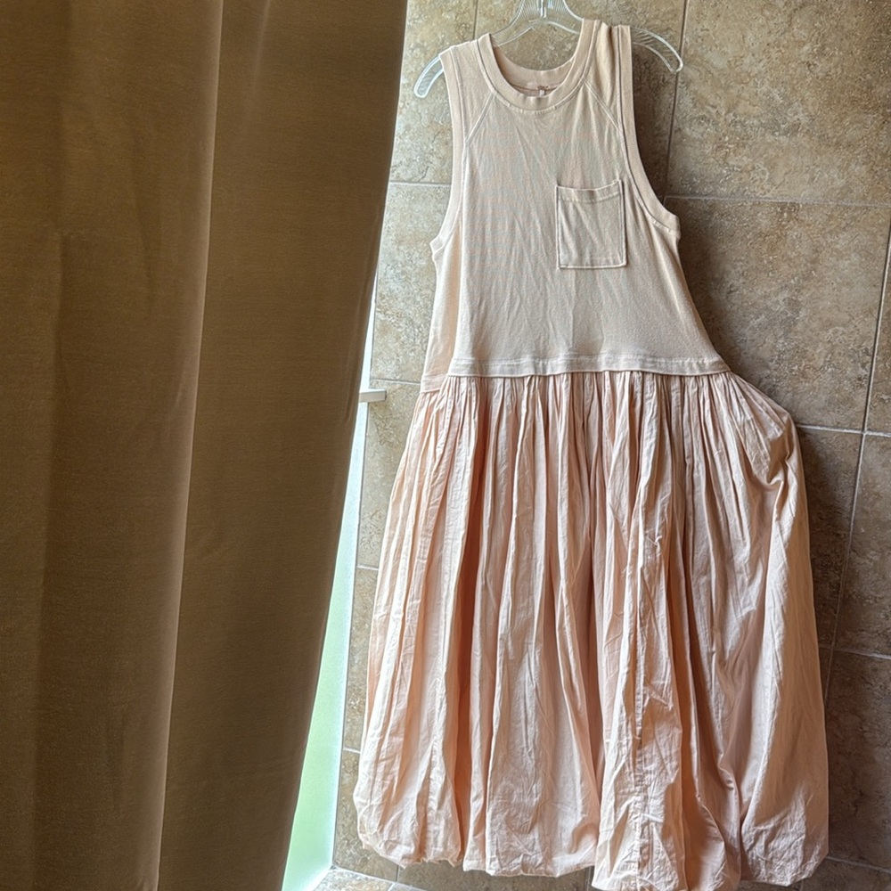 Free People Calla Lily Mixed Media Maxi Dress Pockets Drop Waist Bubble Skirt - Picture 7 of 16